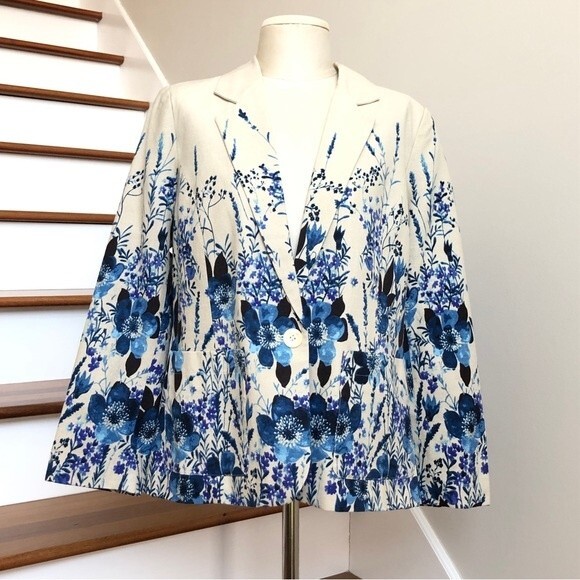 Norm Thompson Blazer Womens Large Blue Linen Floral Watercolor Blend One Button - Picture 2 of 15